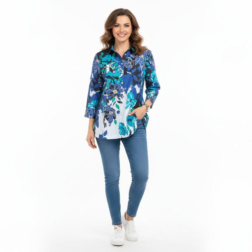 Chico's NWT No Iron Stretch Tunic Top 2.5 (14/L) Coastal Plain Cyan Sea Floral